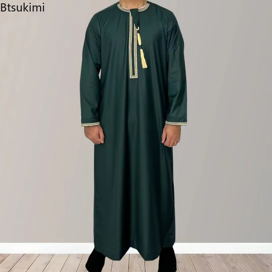 Moslim Mode Abaya voor Mannen Lange Mouw Jurk Gewaad O-hals Borduren Mannen Jubba Thobe Pakistan Arabische Islam Kleding Gebed Kaftan