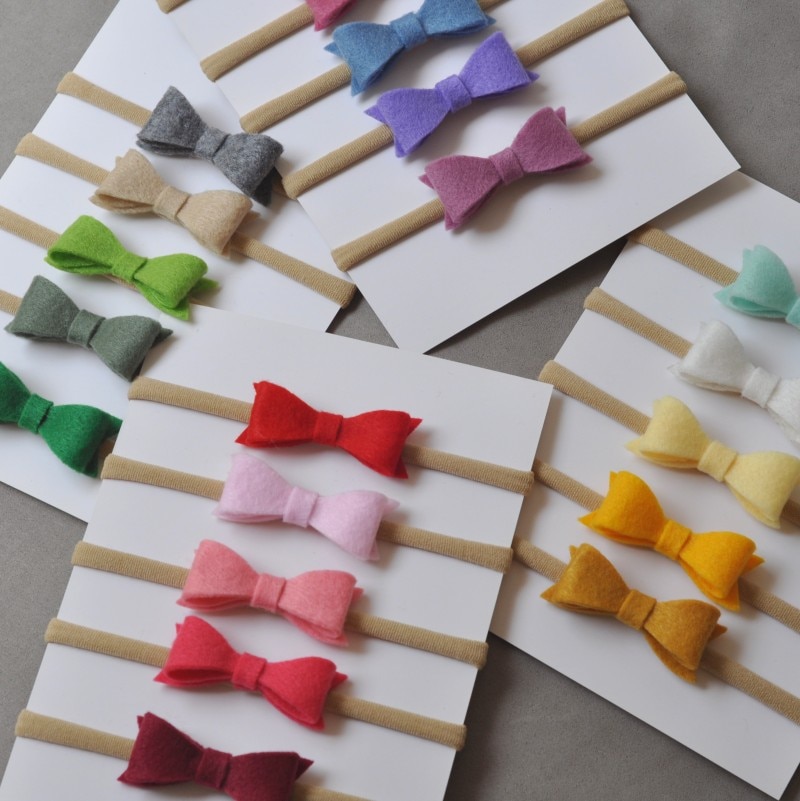 20pcs/lot Handmade Mini Felt Bow Headband Cute Bow Nylon Hair Band For Infants Baby Hair Accessory