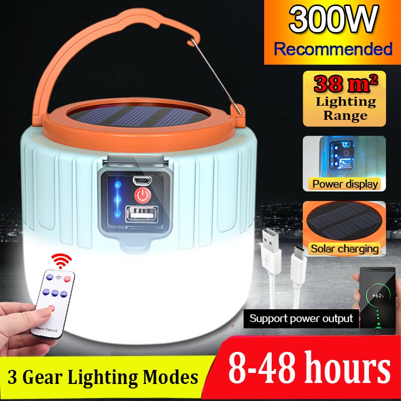 Luz LED Solar para acampada, Bombilla recargable por USB de 300W para tienda de campaña al aire libre, linternas portátiles, luces de emergencia para barbacoa y senderismo