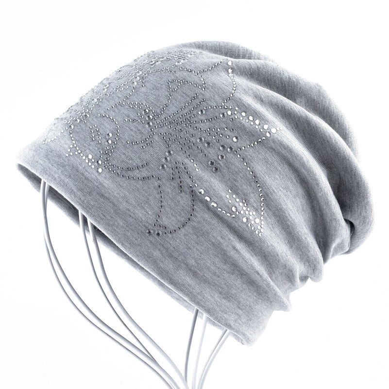 Female Beanie Bonnet Autumn And Winter Caps Hip-hop Cap Flower Rhinestone Hats For Women Beanies: Light gray