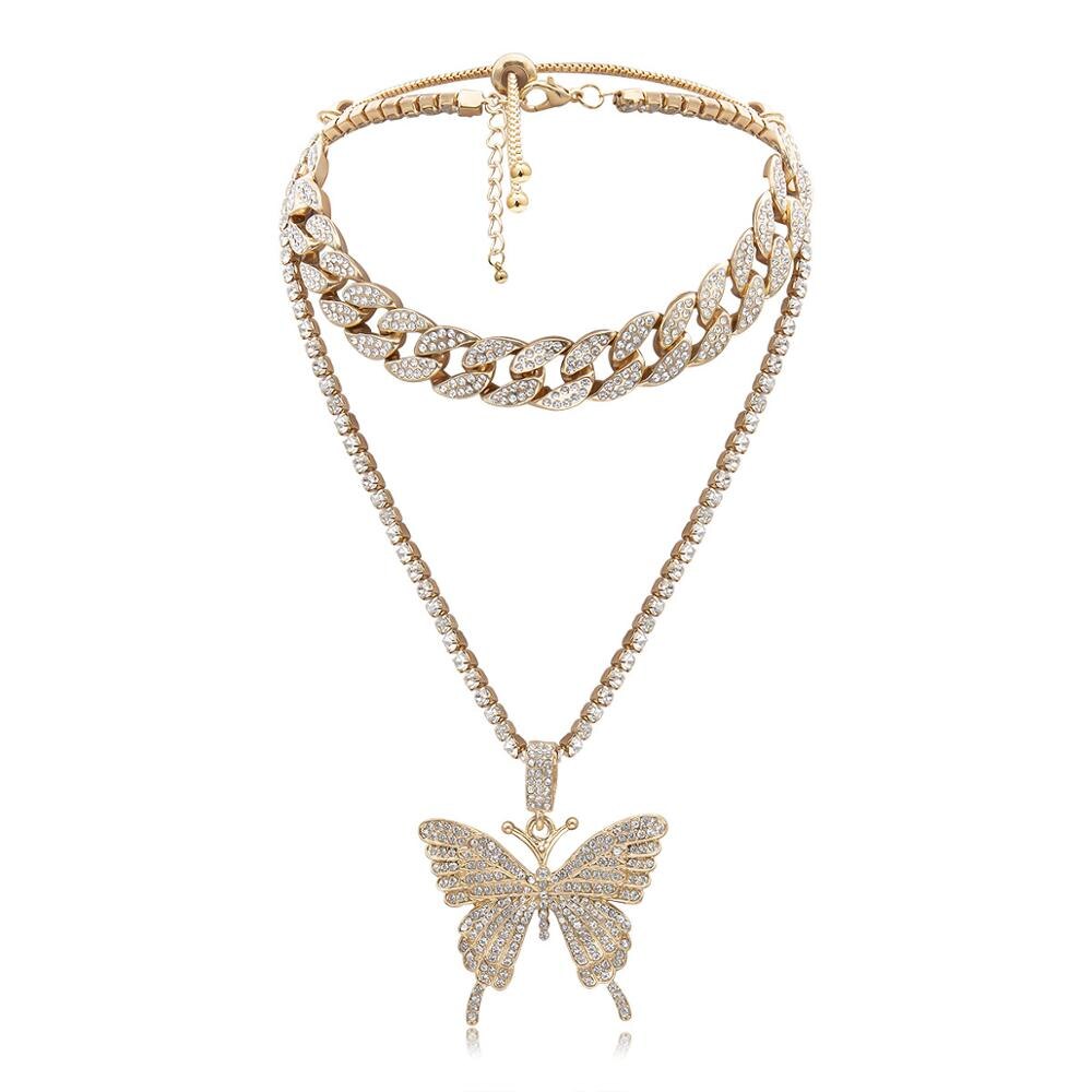 Big Statement Butterfly Necklace Pendant Cuban Link Chain Choker Necklace Women Girls Chains Luxury Bling Hip Hop Jewelry