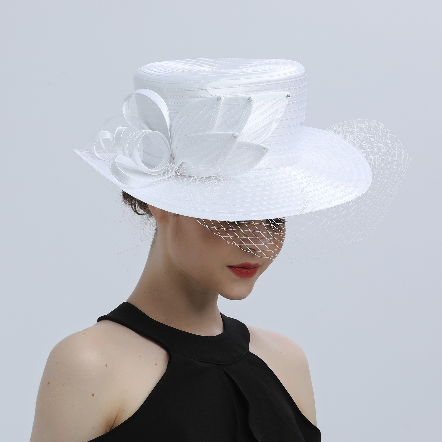 Sombrero de iglesia blanco de lujo para , banquete, tela satinada, sombreros de fotografía, cadenas Premium, sombrero Formal, gorra superior de flores para mujeres y señoras: Lavanda