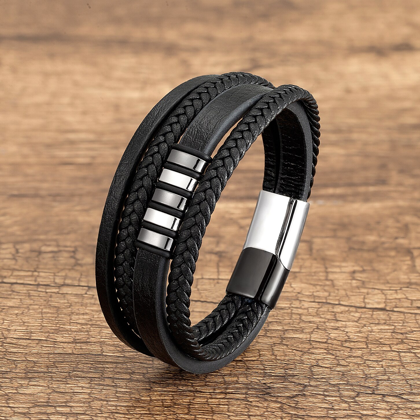 Klasyczny Design ręcznie tkane skórzane bransoletki mężczyźni zapięcie magnetyczne ze stali nierdzewnej Charms bransoletka na rękę Homme męska biżuteria prezenty: White-Black Metal / 21cm