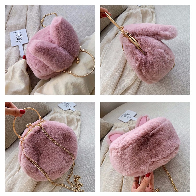 Hocodo Faux Fur Pluche Crossbody Tassen Voor Vrouwen Konijnenoren Leuke Tassen Keten Messenger Bag Dames Handtassen En Portemonnees bolsas