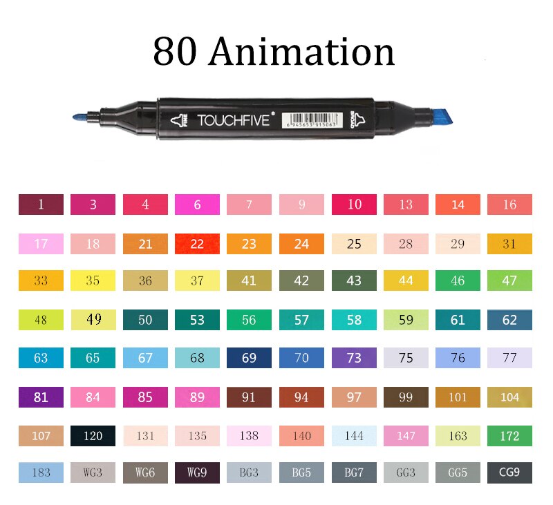 TOUCHFIVE-80 marcadores de colores Manga, rotuladores de dibujo a base de Alcohol, boceto, punta de fieltro, pincel doble oleoso, suministros de arte para estudiantes: 80 Animation