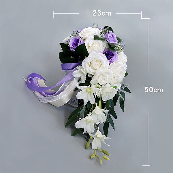 cascada Borgoña ramo blanco Artificial púrpura Ramos de flor Rosa boda accesorio para novia con flores: White with Purple