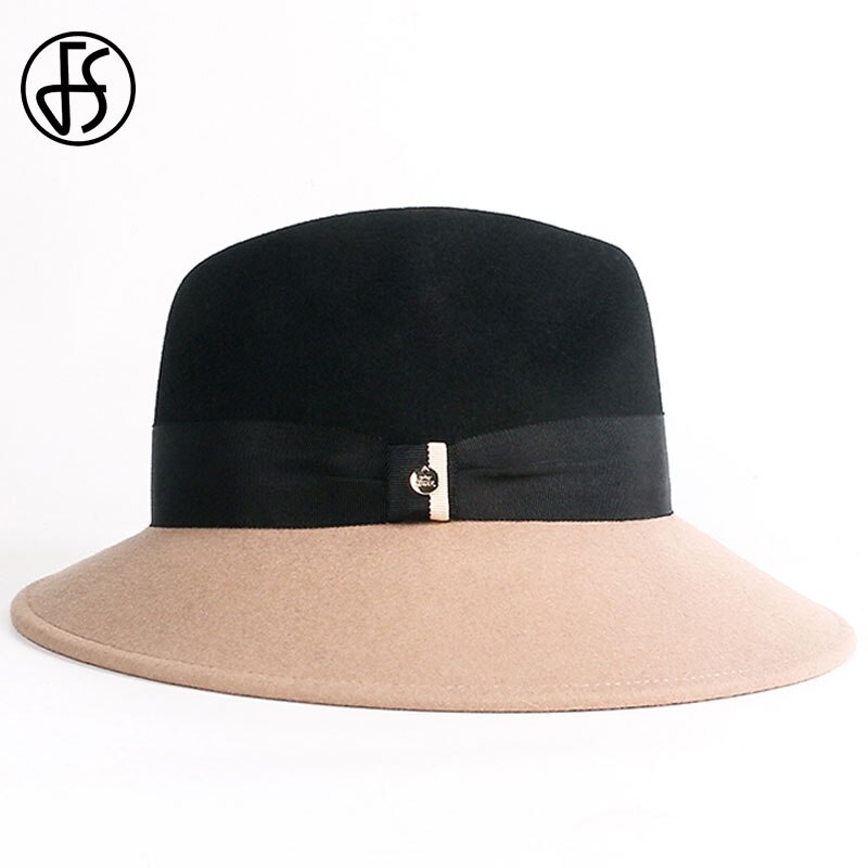 Fs bred brätte fedora kamel och svart dam hattar med band ull filt hattar bowler hatt chapeau femme feutre dam trilby hatt: Kamelsvarta fedoras