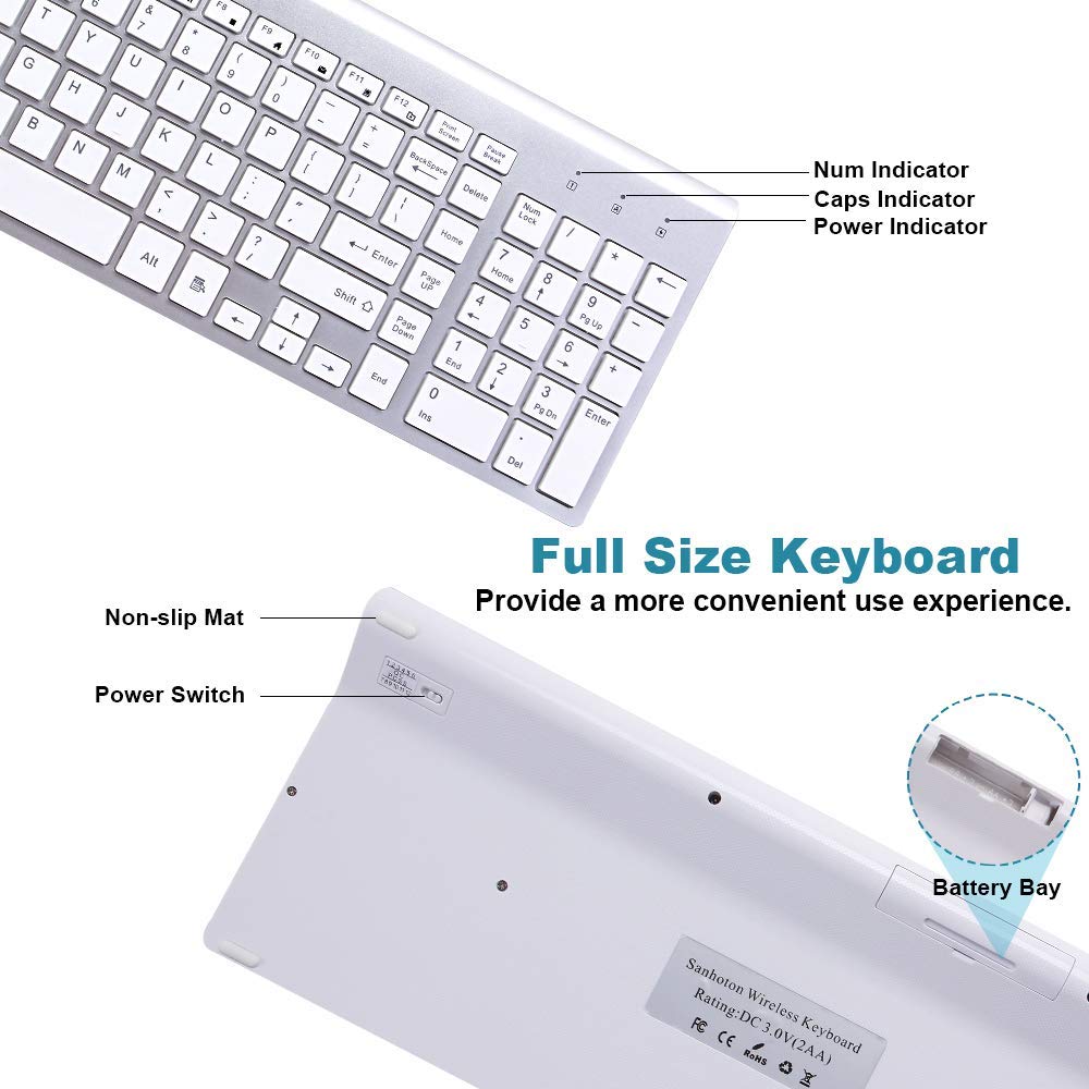 2.4G Wireless Keyboard and Mouse, Russian Layout U.S. Layout, Compact, Convenient, Ultra Thin, Ergonomic, Silver White