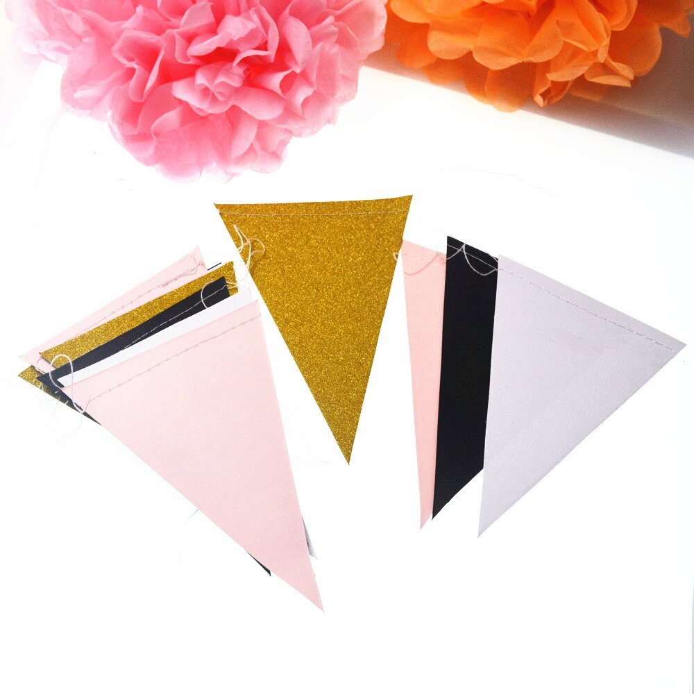 Banderines de bandera de oro blanco rosa, guirnalda de banderín de papel brillante para boda Teepee Deco de cumpleaños Nurser: pnk blck whte gold