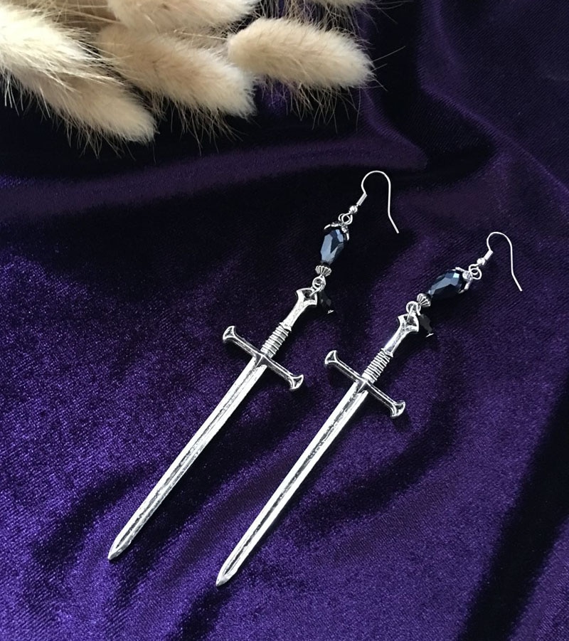 Black Crystal Sword Earrings Silver plated Super Long Shoulder Dusters Gothic Earrings Witchy-Goddess Goth Dangle Earring