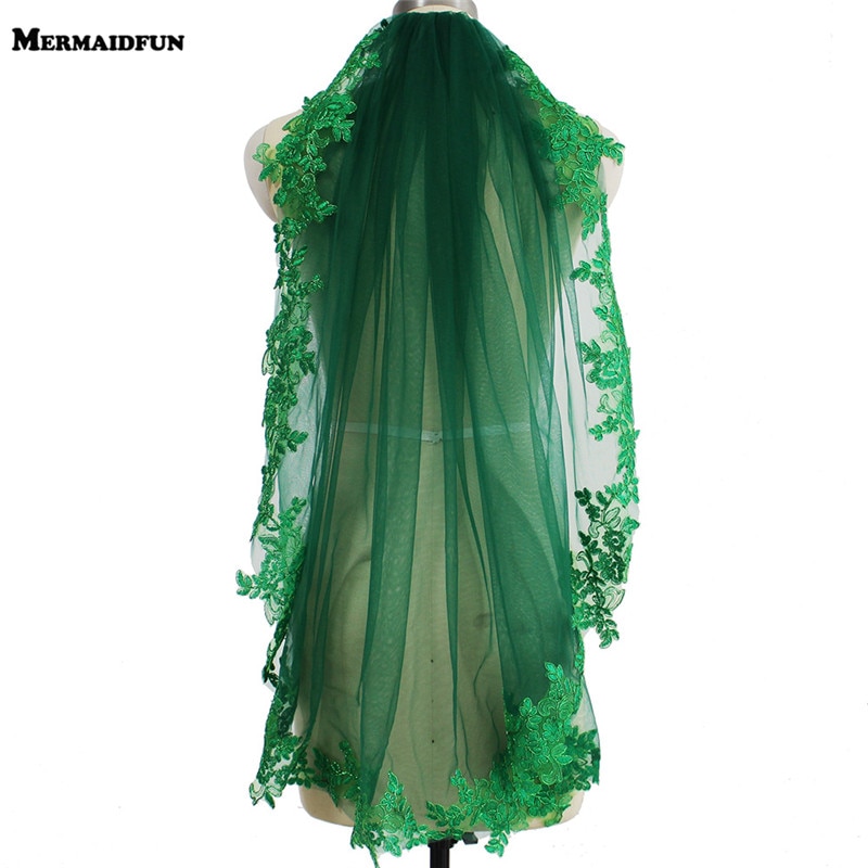 Real Pictures Green Lace Short Wedding Veil Beautiful One Layer Bridal Veil with Comb Muslim Arabic Voile De Mariee