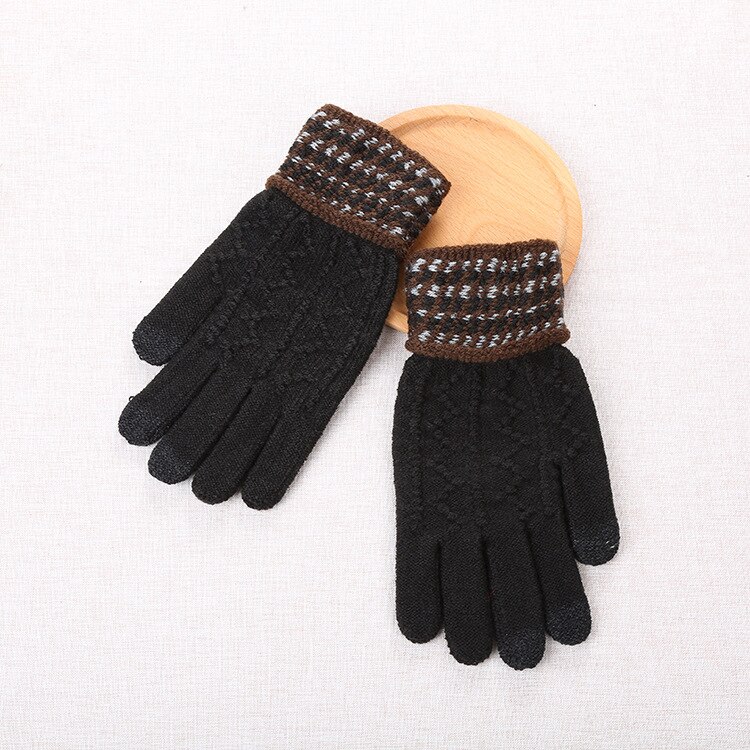 Winter Gloves Men Knitting Touch Screen Thicker Keep Warm Mens Mittens Males Patchwork Glove Simple Chic: black