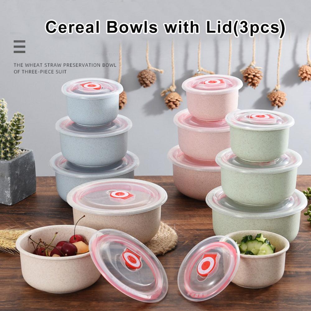 3pcs 300/500/900ml Wheat Straw Food Storage Containers with Lid Microwave Safe Cereal thickening Bowl With silicone seal