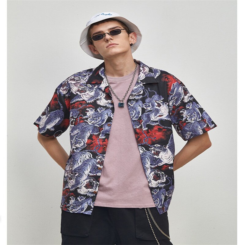 Rinnr Lente/Zomer Tiger Print Digital Printing Losse Mannen Shirt S-L
