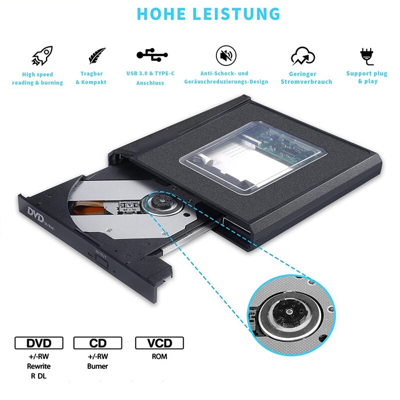 Externe Dvd Drive, Usb 3.0 Type-C Draagbare Cd Speler Voor Laptop, dvd Rom Speler CD-RW Compatibel Met Laptop Desktop Pc