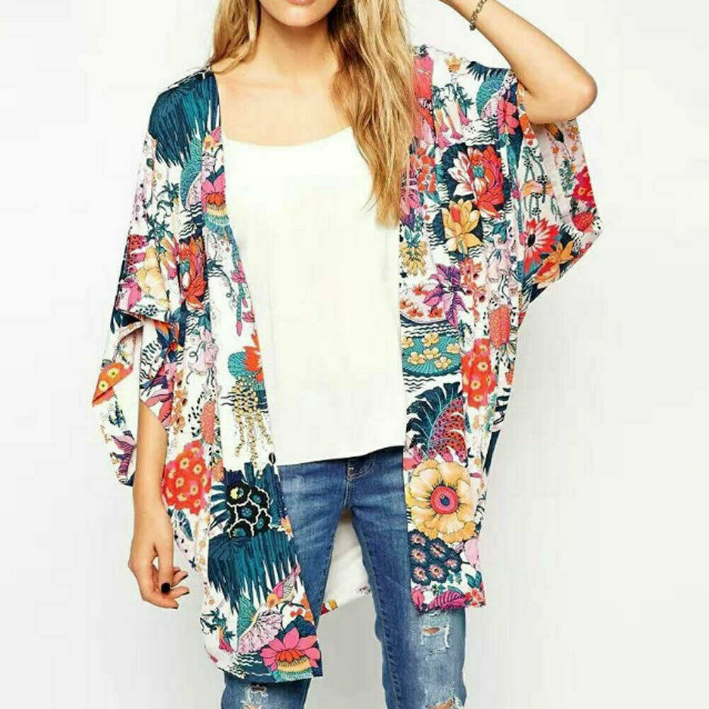 Vrouwen Bloemenprint Chiffon Losse Sjaal Kimono Vest Top Cover up