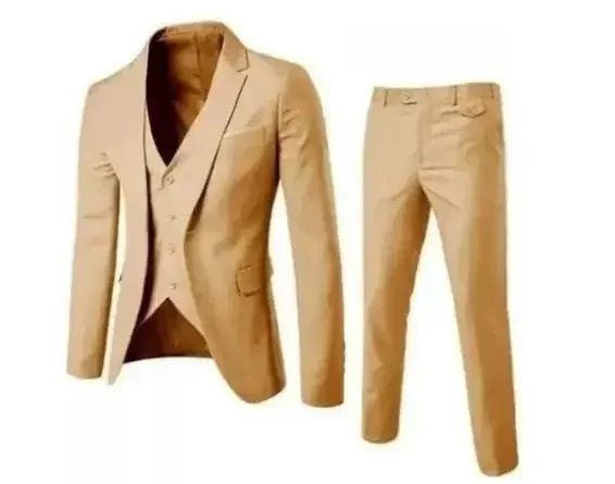 Trajes informales de negocios para hombre de cuatro estaciones, tres piezas, chaleco de un solo pecho con cuello en V, chaqueta de traje de un solo botón + pantalones de trajes: S / Caqui