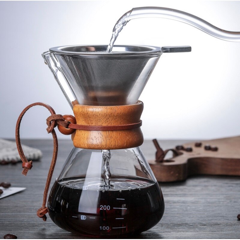 High-Temperature Resistant Glass Anti-Scald Wooden Handle Coffee Maker Coffee Pot with Stainless Steel Filter Home Machine