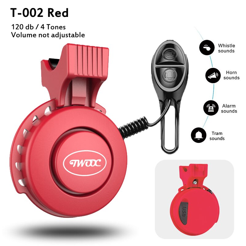 Timbre de bicicleta eléctrico IP65, claxon para bicicleta eléctrica, resistente al agua, recargable por USB, 120dB, 4 modos, accesorios para bicicleta: T-002 Red