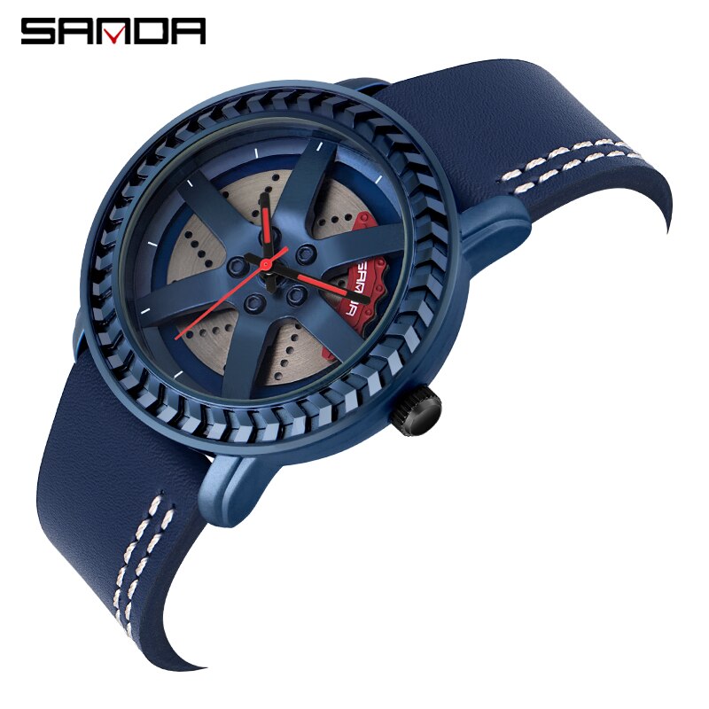 Sanda herenhorloge waterdicht autowiel wijzerplaat horloges roestvrij kwarts polshorloge relogio masculino: Leerblauw