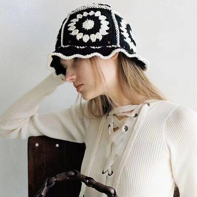 Summer Hollow Crochet Flower Fisherman Hat Shade Breathable Knitted Bucket Hat Ladies Panama Knitted Fisherman Hat