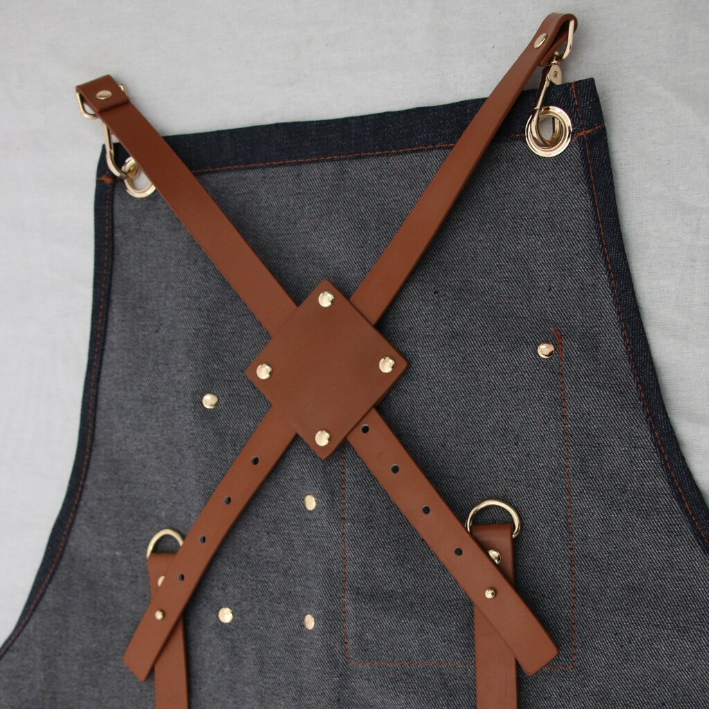 Leather Strap Denim Bib Apron BBQ Baker Bartender Barista Chef Work Uniform