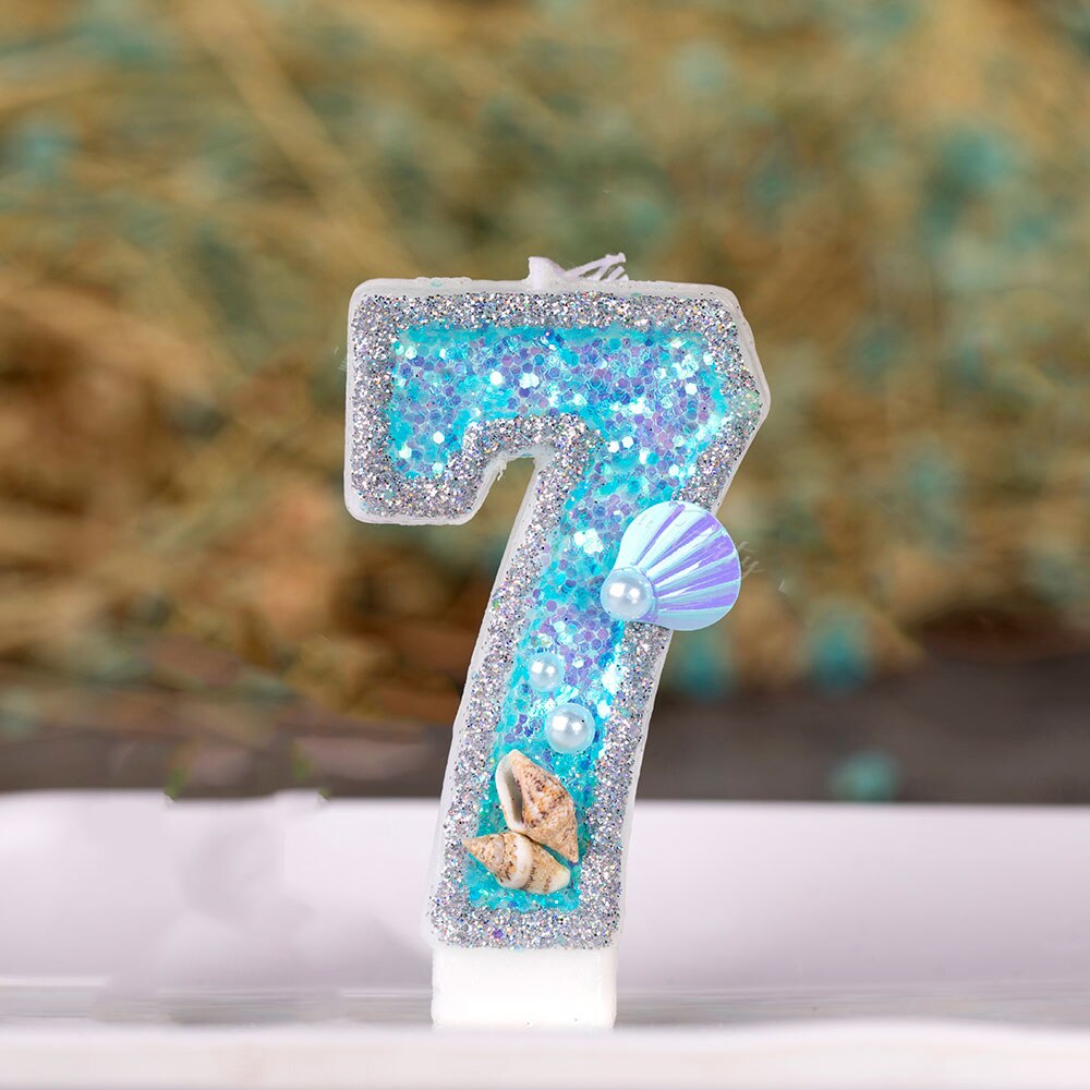 Decoraciones azules para pastel de cumpleaños de bebés y niños, vela de concha de océano brillante para Baby Shower, recuerdo para niños de 0 a 9 velas, suministros para hornear: 7