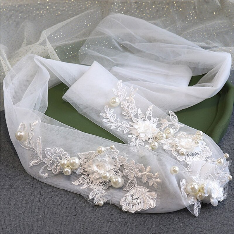 Women Lace Pearls Short Wedding Veil Cathedral Ivory Bridal Headdress Bride Marriage Accessory: 2