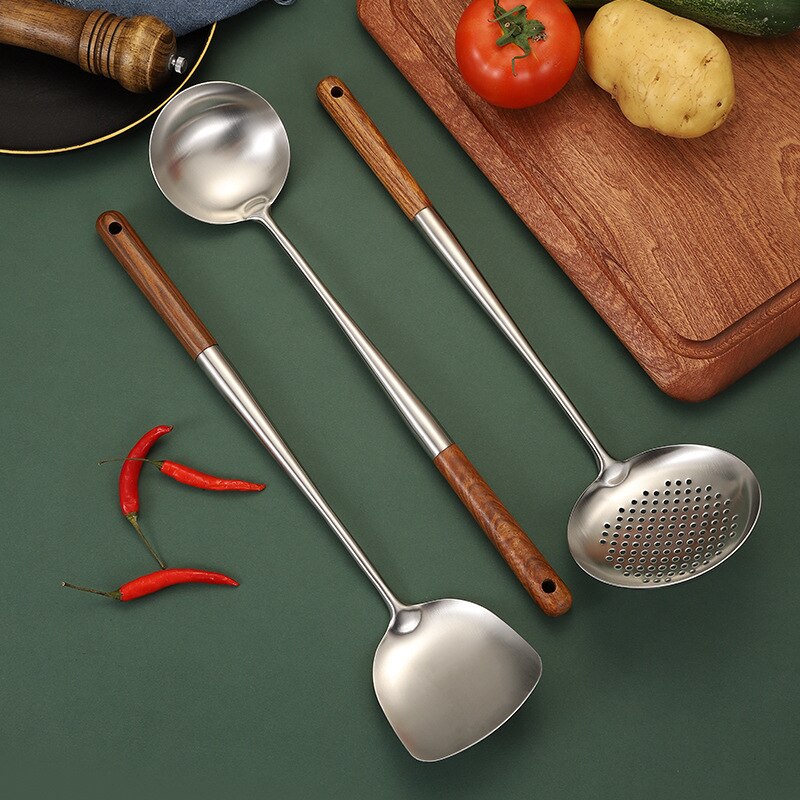 big long spatula shovel chef cooking cocina utensilios blade Kitchen Utensil Wooden Handle Stainless Steel Turner Soup Spoon wok