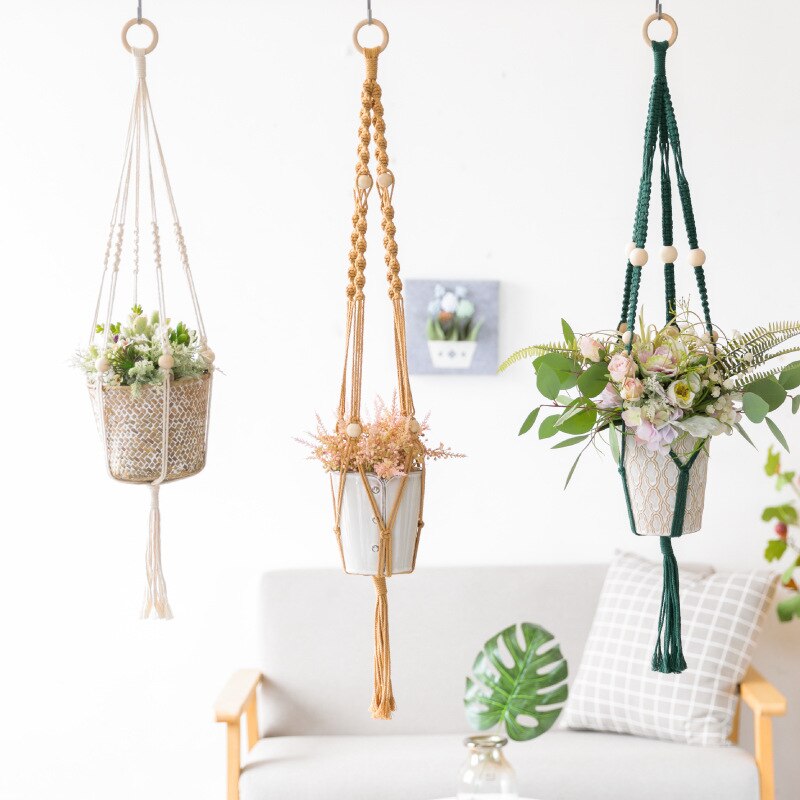 Macrame Plant Hanger Groen Geel Beige Met Bean Groen Geel Zwart