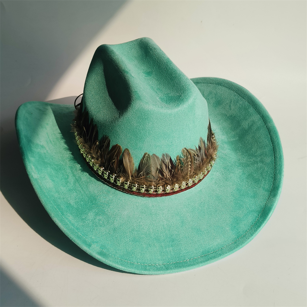 ethnic Vegan Suede Cowboy Hat wide brim feather Cowgirl hat party Western Cowboy hat Cattleman Style knight hat: black