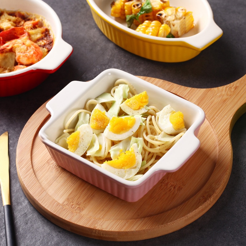 Novelty Ceramic Baking Bowl with Handle Salad Tray Barbecue Cheese Baked Rice Pie Baking Pans Round Rectangular Bakewares