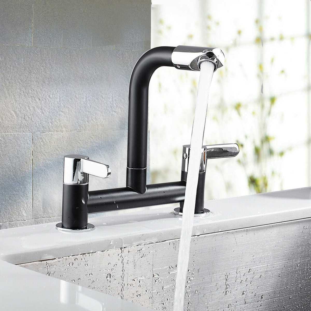 Zwarte Moderne Keuken Badkamer Basin Sink Mix Tap Bad Dual Handles Badrandcombinaties Basin Sink Mengkraan