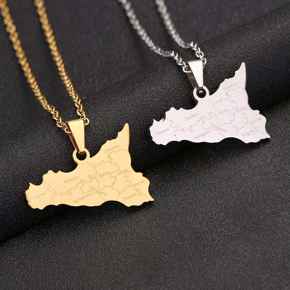 Collar con colgante de mapa y ciudades de Italia, acero inoxidable para mujeres y hombres, Color dorado y plateado, joyería italiana de Sicilia