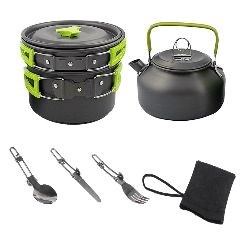 Utensilios de cocina portátiles de aleación de aluminio ultraligeros, 7 piezas, para acampar, cocina al aire libre, Picnic, vajilla, hervidor, sartén