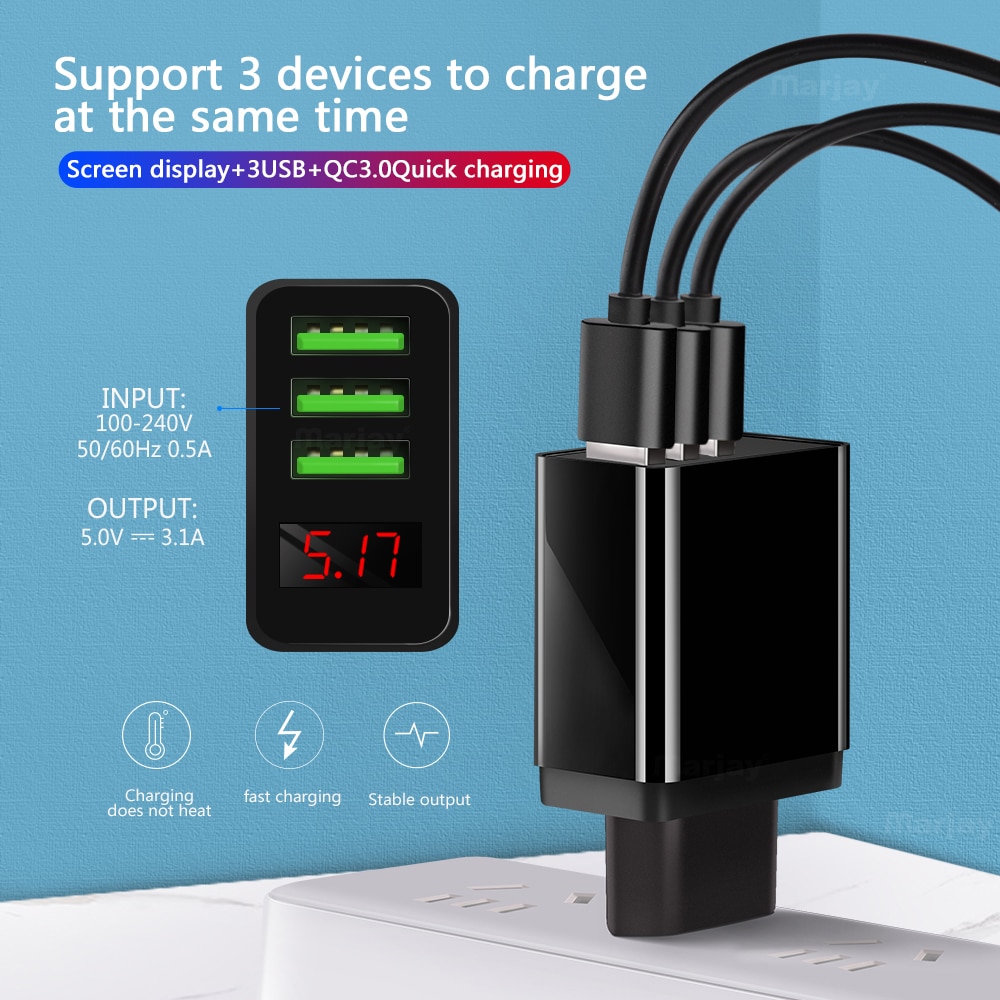 Marjay 3 Poorten Usb Charger Eu Us Plug Led Display 3.1A Snel Opladen Slimme Mobiele Telefoon Oplader Voor Iphone Samsung xiaomi Tablet