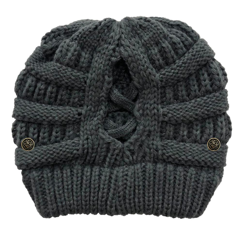 Cola de Caballo cruzada desmontable con botón para mascarilla, gorro de punto con apertura trasera, hilo de lana cálido, , producto: Gris