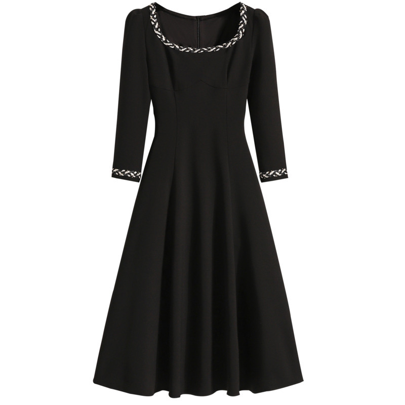 Efterårs fransk retro hepburn sorte kjoler til kvinder firkantet krave højtaljede a-linje midikjoler kontordamer vestidos