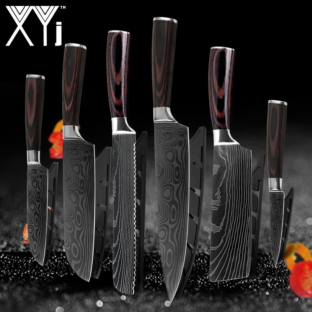 Japanse Keuken Mes Set Mes Covers Uitbenen Brood Eviscerate Gesneden Fruit Scherpe Nut Santoku Damascus Patroon Koken: 6 Pcs  Value set