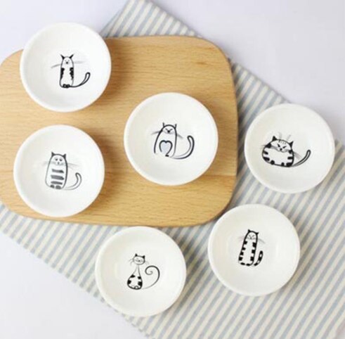 Cuenco redondo de cerámica para gatos, plato pequeño para condimentos, vinagre, mantequilla, salsa, sal, aperitivos, utensilios de cocina, 6 uds.: Default Title