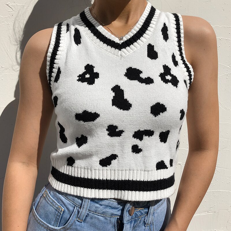 Rapcopter Y2K Sweaters V Neck Pullovers Cow Print Knitwear Sleeveless Tank Tops E-Girl Outfits Autumn Winter Women Tops Sweater