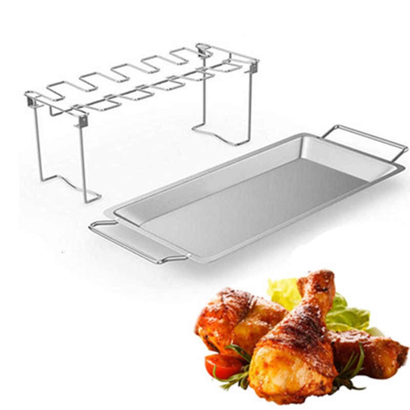 Aço inoxidável asa de frango perna rack diy família frango grill titular com gotejamento pan churrasco costela rack festa aves perna torrador
