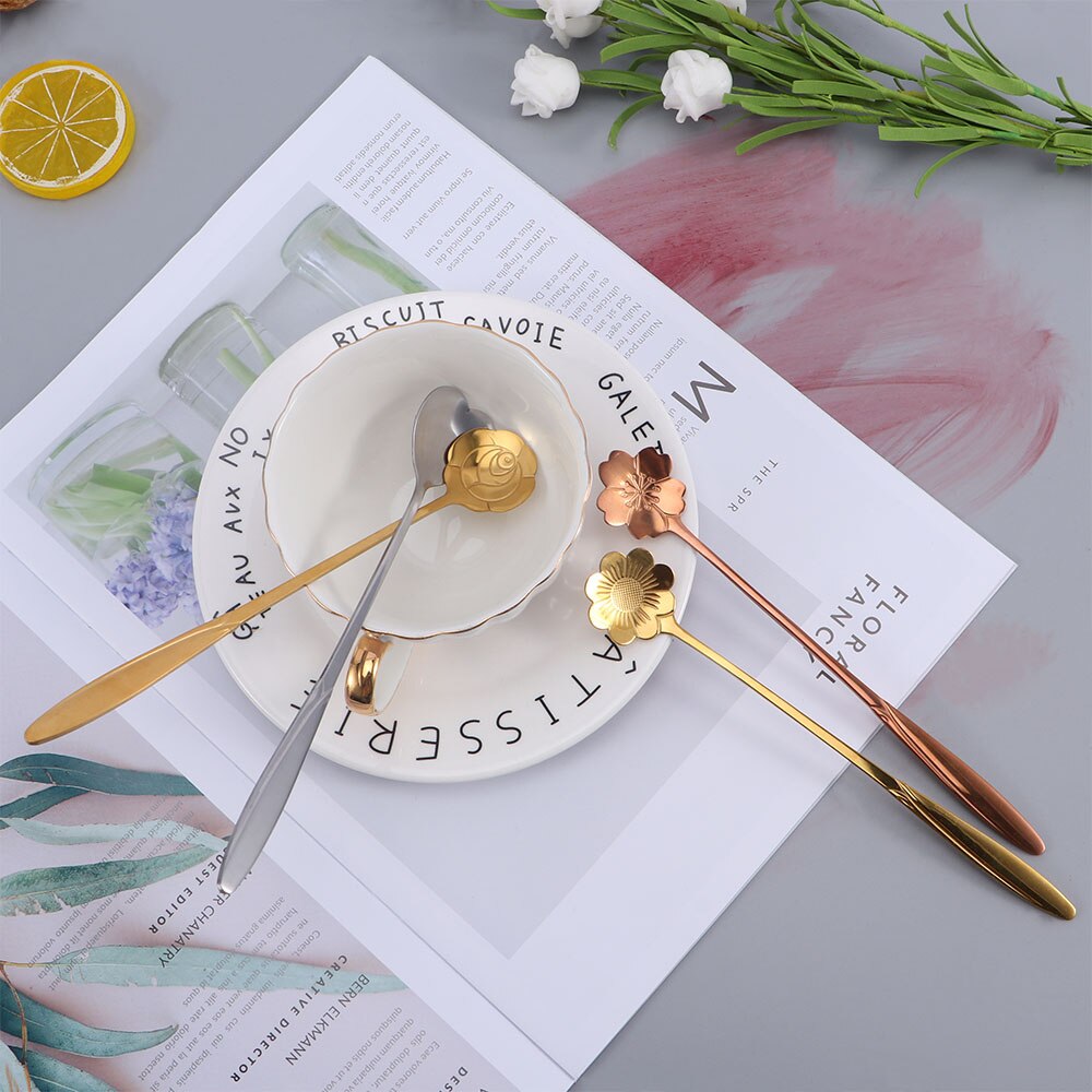 Flowers Gold Spoon Long Handle Dessert Tea Coffee Mixing Spoon Stainless Steel Vintage Teaspoons Drink Tableware