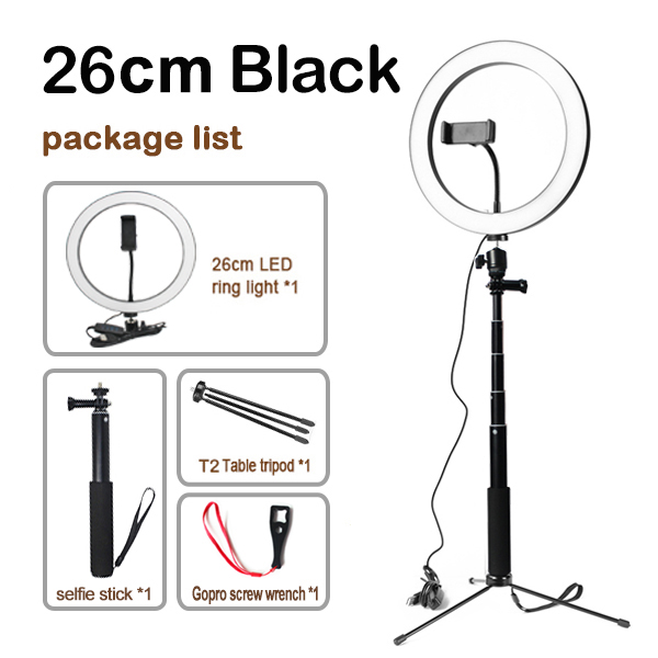 LED Studio Camera Ring Light Photography 16cm 20cm 26cm Photo Camera Ring Light With Tripod USB Plug For Phone Holder Make Up: 26cm black