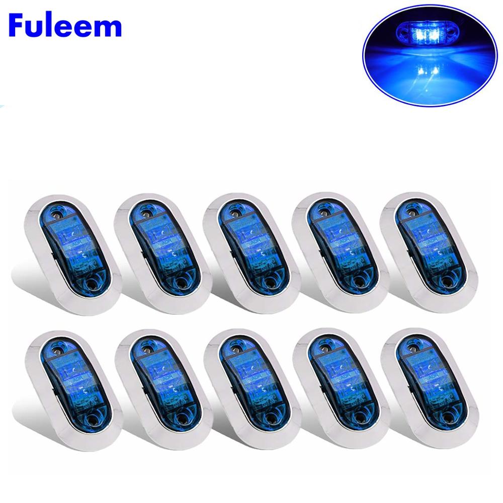 Fuleem 10PCS Chrome Bezel Blue LED 2.5INCH 2 Diode Light Oval Clearance Trailer Truck LED Side Marker Lamp 12V 24V Waterproof