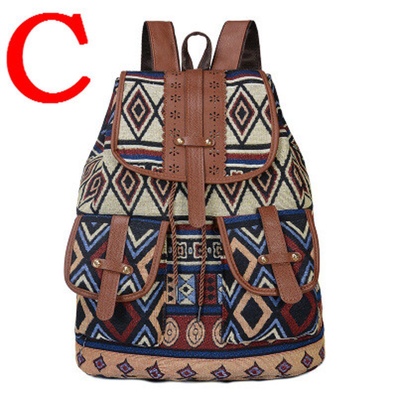 Kvinder lærred vintage rygsæk etniske rygsække trykt rejse rygsæk skoletaske: C