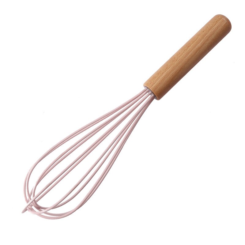Silicone Wooden Handle Egg Beater 10 Inch Wooden Handle Manual Kitchen Mixer Household Baking Tools: pink
