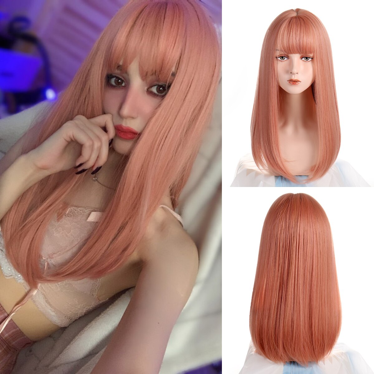 VICWIG Medium Length Cosplay Wig With Bangs Light Orange Synthetic Straight Hair Heat-resistant Rose Net Wigs For Women: Pink orange