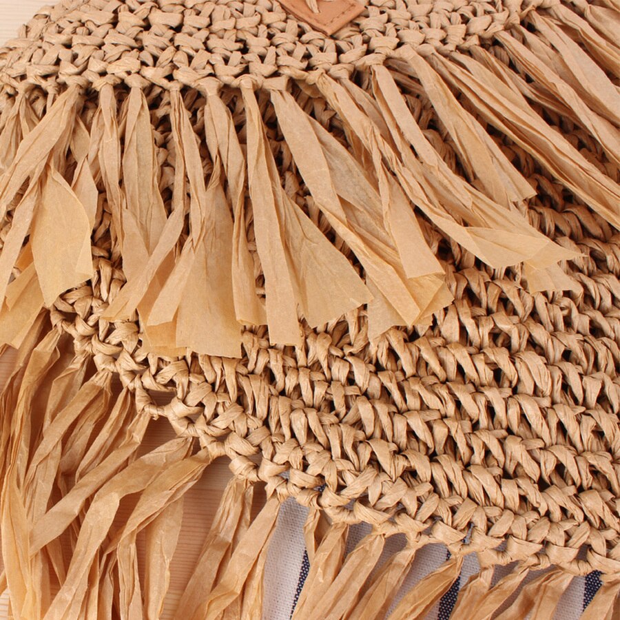 Bohemien Runde Quaste Frauen Stroh Tasche Spitze Papier Rattan Schulter Beutel Große Beiläufige Handtaschen Sommer Strand gewebte Geldbörsen