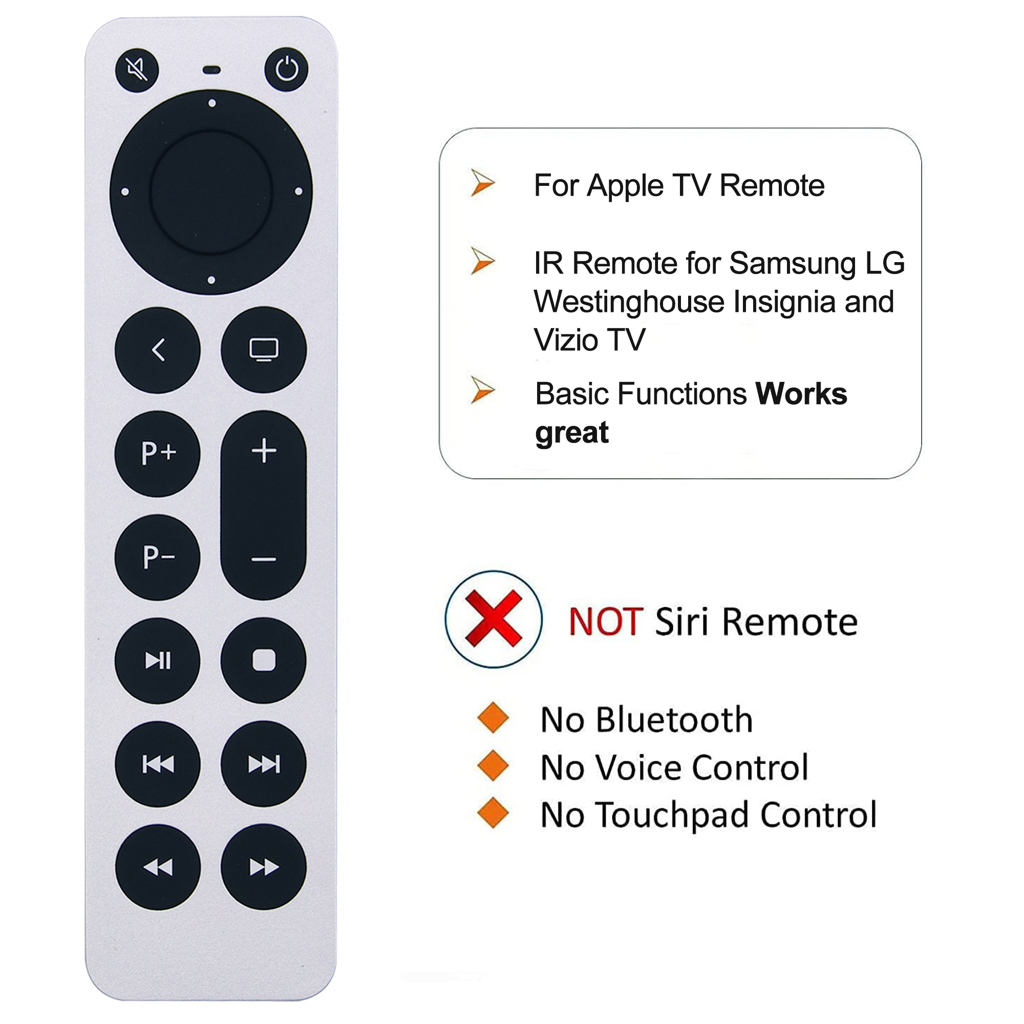Ersatz-Apple-TV-Fernbedienung für Apple TV 4K Gen 1 2 3 4 HD A2169 A1842 A1625 A1427 A1378 A1218 mit Power- und TV-Steuerungsfunktion